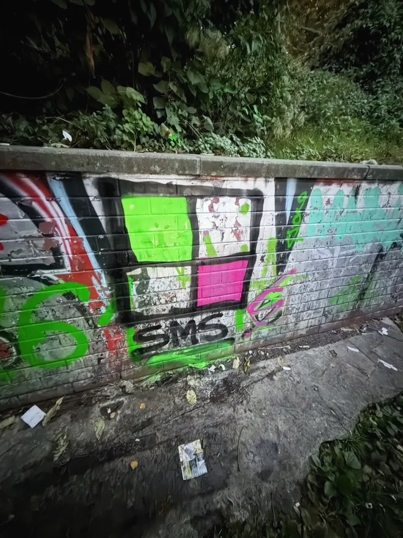 Sage's green and pink window tag with SMS painted on a brick wall in Berlin